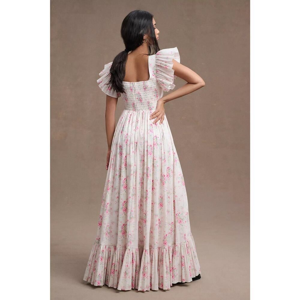 Anthropologie Cream Maxi Dress with Pink Floral Ruffle Sleeves - Picture 2 of 11